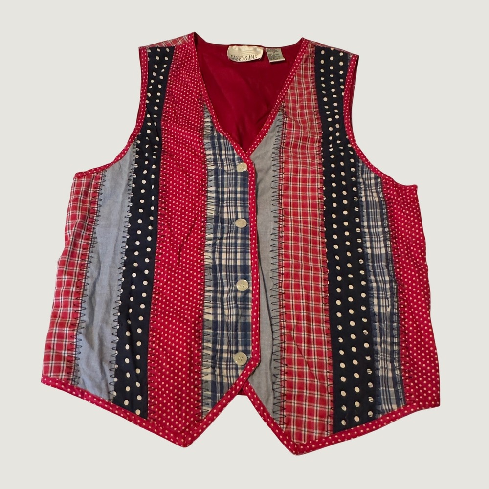 Casey & Max Womens Patchwork Vest Medium Red Blue Plaid Polka Dot Cottagecore
